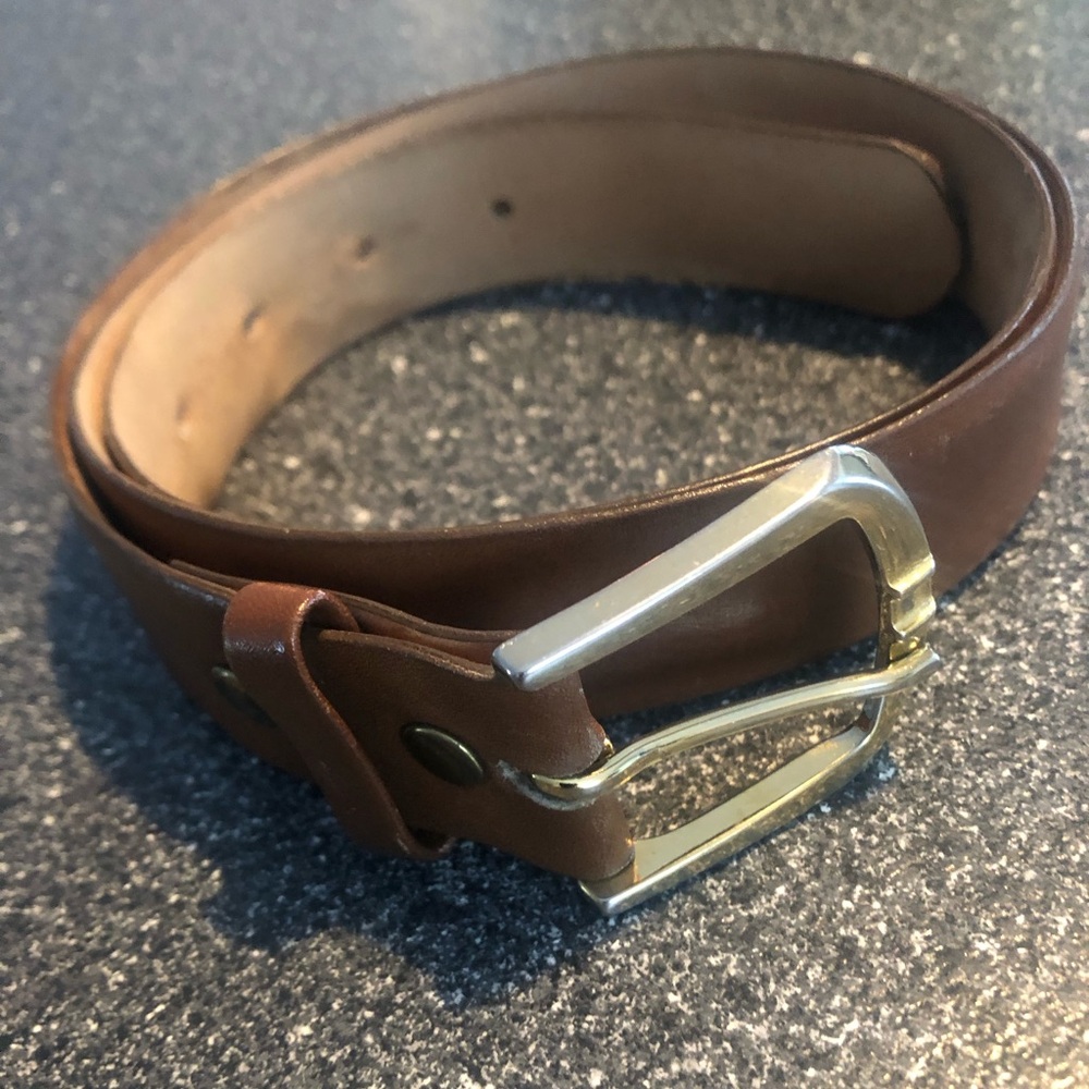 Men's brass Buckle tan brown camel color, leather 34” to 39 “leather belt